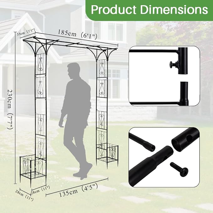 90" Garden Arbor Metal Arch Trellis for Climbing Plants with Planter Box | Outdoor Arbors Archway Pergola for Wedding Ceremony Party Decoration Flat Top Trellises for Rose Vine Backyard Lawn Patio