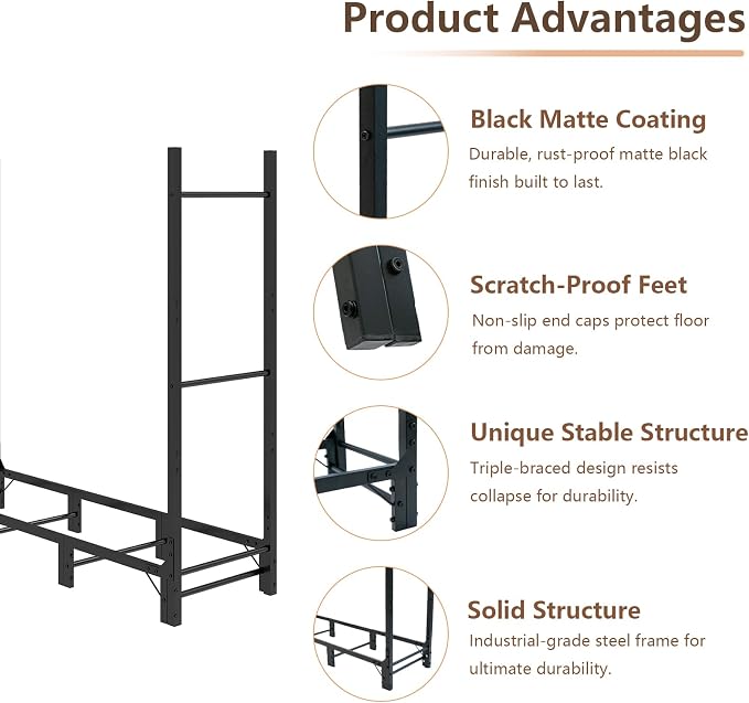 C-Hopetree 4Ft Outdoor Indoor Firewood Rack, Adjustable Metal Log Holder for Fireplace, Heavy Duty Wood Pile Storage Organizer Stacker Stand, Black