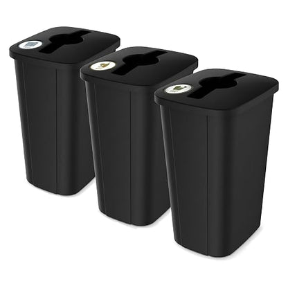 Home Logic Recycling Bin System, 3 Pack Waste Sorting Containers with Stickers, Plastic Trash Cans for Kitchen Garage Home Recycling Organization, 13 Gallon, Black