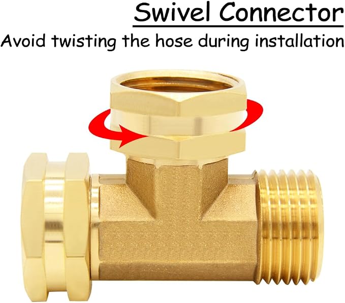 Uenede 2PCS Brass 3/4 Inch GHT Swivel Tee Pipe Fitting 3/4" GHT Female x Female x Male for Garden Hose Threaded Tube Pipe Fittings