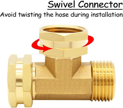 Uenede 2PCS Brass 3/4 Inch GHT Swivel Tee Pipe Fitting 3/4" GHT Female x Female x Male for Garden Hose Threaded Tube Pipe Fittings