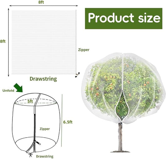 2Pcs 8x8ft Fruit Tree Covers with Zipper and Drawstring, Durable Garden Mesh Net to Protect Fruit Trees, Apple, Cherry, Peach Trees – Reusable, Lightweight