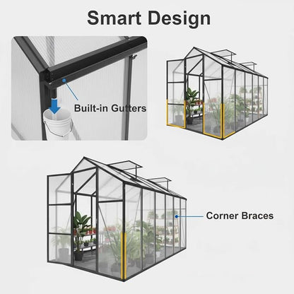 6x12 FT Greenhouse, Walk-in Outdoor Polycarbonate Garden Greenhouses with Aluminum Frame, 4mm PC Panels, Adjustable Roof Vents & Lockable Hinged Door for Backyard Growing, Black