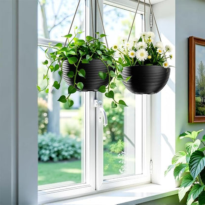 Asnext Line Pattern 10 Inch Hanging Planter for Indoor Outdoor Plants, 2 Pack Round Hanging Pots for Plants (Black)
