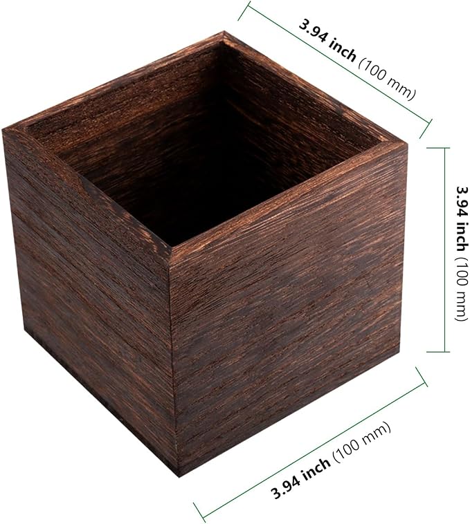 HAKZEON 4 Pack Wooden Planter Box, 4 Inch Square Wood Vase Flower Pots Rustic Cube Planter Box for Wedding Garden Windowsill Home Decor