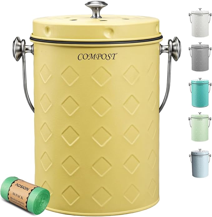 AOSION Countertop Compost Bin Kitchen,Odorless Indoor Compost Bin with Lid | 1 Gallon Composter Container,Removable Inner Bucket,50 Compost Bags,2 Carbon Filters,ideal for food scraps,coffee grounds