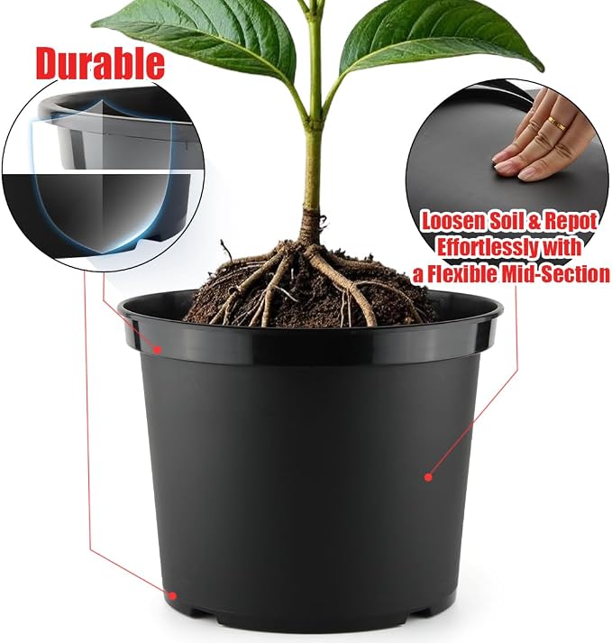 RooTrimmer 5 Gallon 12 Inch Plastic Nursery Pots, Plant Containers with Drainage Holes, Round Sturdy Garden Planters for Indoor/Outdoor Greenery, Gardening Gifts for Women (5-Pack, Black)