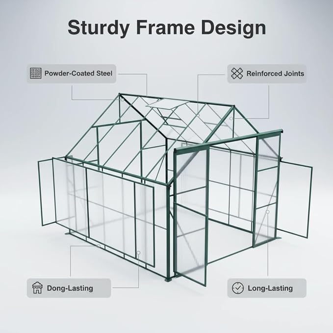 8x10 FT Greenhouse, Walk-in Polycarbonate Greenhouses with Double Sliding Doors, Aluminum Frame, Adjustable Roof Vent, Raised Base & Anchor, Outdoor Backyard Greenhouse for All Seasons, Green