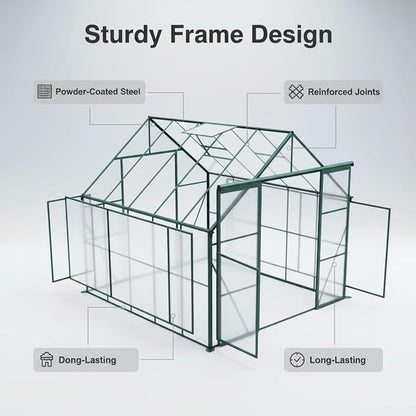 8x10 FT Greenhouse, Walk-in Polycarbonate Greenhouses with Double Sliding Doors, Aluminum Frame, Adjustable Roof Vent, Raised Base & Anchor, Outdoor Backyard Greenhouse for All Seasons, Green