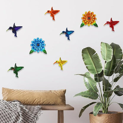 8 PCS Metal Hummingbird Flower Wall Art Garden Decor, 6“ Birds Sunflower Outdoor Wall Art, 3D Colorful Bird Wall Hanging Art Sculpture Outside Living Room Porch Garden Yard