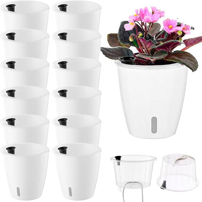 Upgraded Self Watering Pots for Indoor Plants, 12-Pack 5 Inch Top-Fill Self Watering Planter with Water Window, Orchid Pots, Clear Wick Inner Basket with Drainage, White