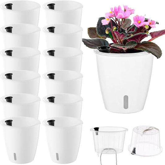 Upgraded Self Watering Pots for Indoor Plants, 12-Pack 5 Inch Top-Fill Self Watering Planter with Water Window, Orchid Pots, Clear Wick Inner Basket with Drainage, White