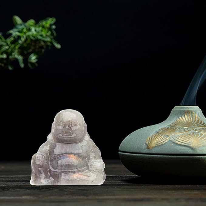 Labradorite Crystal Laughing Buddha Statue Meditation Decor Spiritual Art Piece Healing Stone Figurine Zen Altar Sculpture Feng Shui Gift Yoga Space Ornament Peaceful Home Temple Collectible
