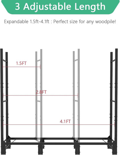 Helios&Hestia 4Ft Outdoor Firewood Rack for Fireplace, Heavy Duty Steel Log Holder, Indoor Wood Pile Storage Organizer, Adjustable Stacker Stand, Black