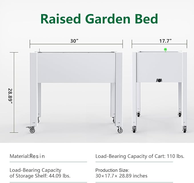 PatioZen Raised Garden Bed with Legs, 28.9" Tall Self-Watering Raised Planter Box with Lockable Wheels, Drainage Plug and Gauge for Vegetables Flowers, Rustproof Resin for Backyard Patio (Ashen)