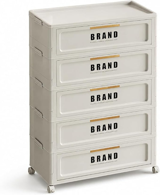 Foldable Storage Cabinet with Doors & Locking Wheels, 5-Tier Large-Capacity Organizer, No-Tool Setup, Impact-Resistant ABS Construction for Dorm, Pantry, Laundry, and Living Spaces