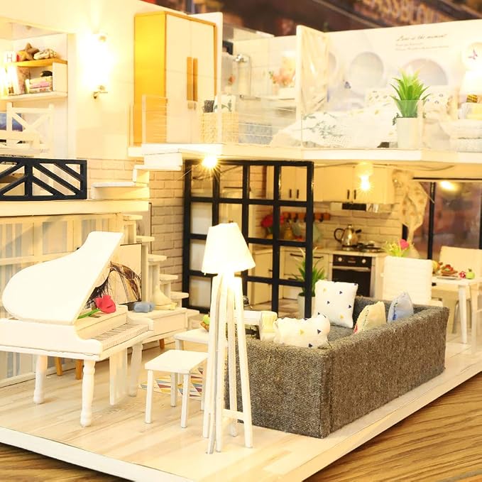 GuDoQi DIY Miniature Dollhouse Kit with Furniture, Tiny House kit 1:24 Scale, Need to Assemble Around 30 Hours, Great Handmade Crafts Gift for Birthday, Christmas, Life House(No Dust Cover)