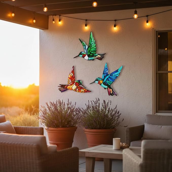 VEWOSTAR 3 Pcs Metal Hummingbird Wall Art, 3D Colorful Birds Outdoor Fence Wall Art Decor, Holiday Theme Garden Decor,Metal Bird Wall Decor for Modern Farmhouse Rustic Home