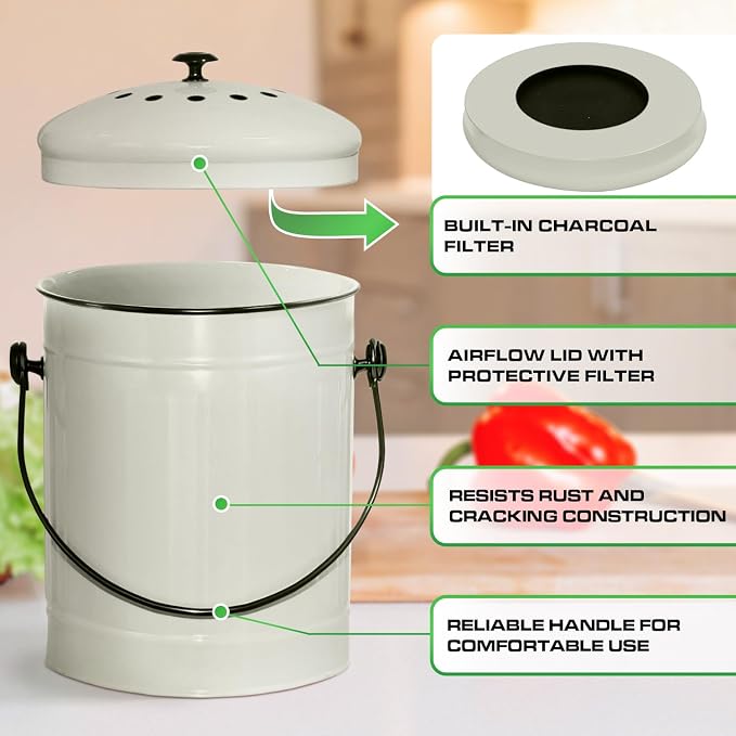 Plexon Kitchen Compost Bin Indoor with Lid, Off-White 1.5 Gallon Odorless Container, Steel Food Compost Bucket for Kitchen with Charcoal Filter, Compost Pail Countertop