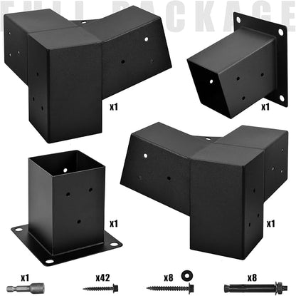 Pergola Kit, 15° 3-Way Slanted Roof Pergola Bracket Set, Roof Wall Mount Extension Bracket 4" x 4" (Actual 3.5" X 3.5") - Set 6