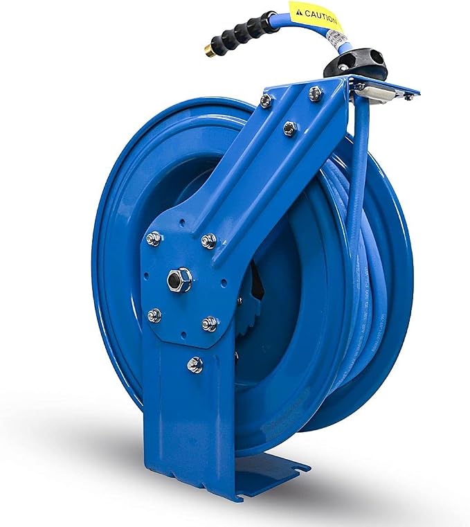 BLUBIRD BBRHD3850 18ga. Retractable Hose Reel with 3/8" X 50' Air Hose, 12 Point Ratcheting Gear, Next-Gen Rubber, Lightest, Strongest, Most Flexible, 300 PSI, -50F to 190F Degrees, Polyester Braided