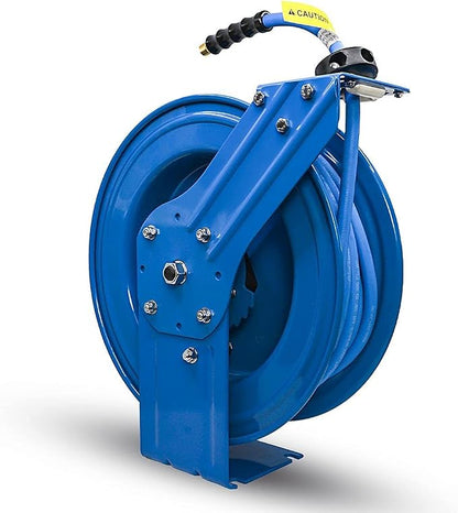 BLUBIRD BBRHD3850 18ga. Retractable Hose Reel with 3/8" X 50' Air Hose, 12 Point Ratcheting Gear, Next-Gen Rubber, Lightest, Strongest, Most Flexible, 300 PSI, -50F to 190F Degrees, Polyester Braided