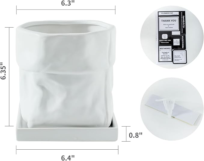 Nihow 6 Inch Ceramic Plant Pot with Drainage & Square Saucer, White | Bag Shape Design,Indoor & Outdoor,Living room/Office/Bedroom/Windowsill/Tabletop,Plant Lovers/Gardeners/Beginners