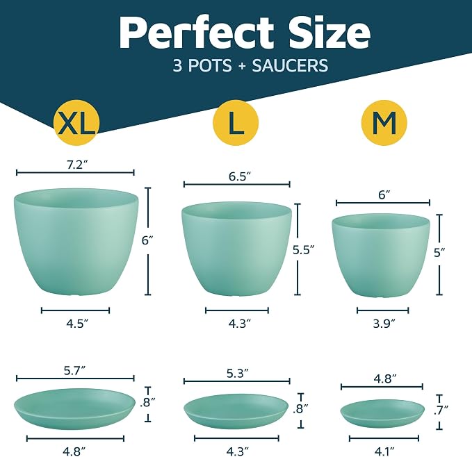 Aqua Plant Pots with Drainage Holes & Saucers 3 Pack, Indoor & Outdoor Stackable Space-Saving Planters for Houseplants & Flowers, (7", 6.7", and 6" Inches), Durable & Weatherproof Materials