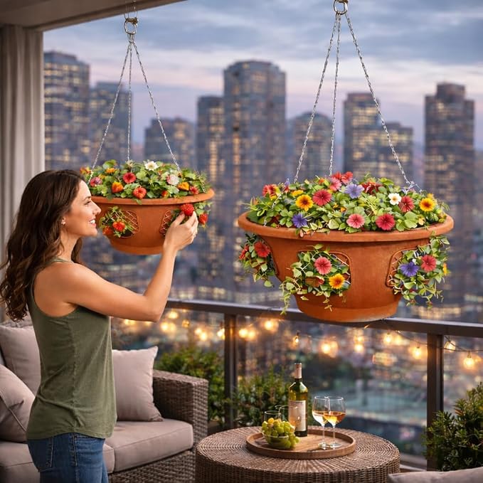 Ultimate Hanging Baskets - Strawberry, Tomato, Flower, and Herb Outdoor Planters - Use Garden Pots for Growing Plants Outside On A Deck, Fence, or Balcony (20, Terracotta)