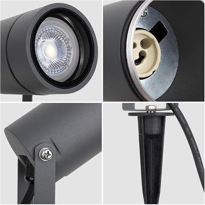 DAWALIGHT Outdoor Spot Light, Landscape Lighting 6W Spotlight for Yard, Replaceable GU10 Bulb 110V 3000K IP65 Waterproof, Aluminum, 5ft Cable Garden Patio Driveway House,Dark Grey