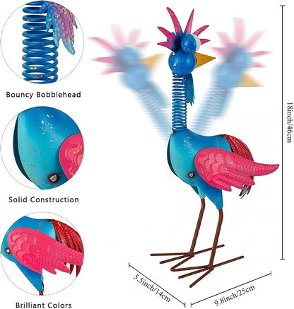 Metal Wacky Rooster Garden Statue for, Patio, Backyard, Lawn | 18'' Rooster Decor, Yard Statue Decorations Outdoor, Chicken Yard Art, Blue & Pink
