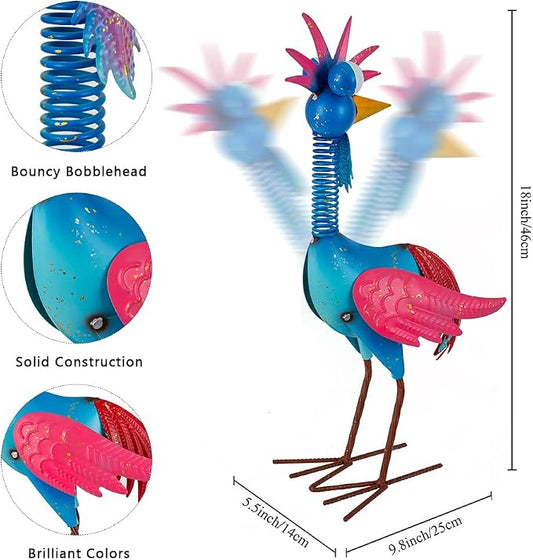 Metal Wacky Rooster Garden Statue for, Patio, Backyard, Lawn | 18'' Rooster Decor, Yard Statue Decorations Outdoor, Chicken Yard Art, Blue & Pink