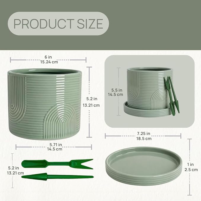6 Inch Ceramic Plant Pot with Drainage Hole & Tray – Indoor Planter for Succulents, Herbs & Houseplants – Modern Ceramic Planter with Mesh Pad, Dibber & Widger – Sage Green