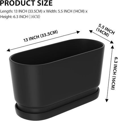 13" Rectangular Ceramic Planter with Drainage and Saucer, Black | Indoor Outdoor Use, 13"L x 5.5"W x 6.3"H, Modern Home Decor, Window Box Planter, Matte Black