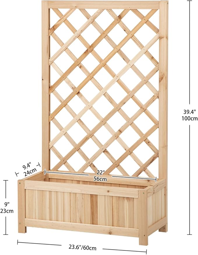 Wooden Raised Garden Bed with Trellis, 40" Outdoor Planter Box for Climbing Plants, Vertical Natural Wood Garden Planter for Vegetables, Flowers & Vines, Lattice Plant Support for Patio Yard Balcony