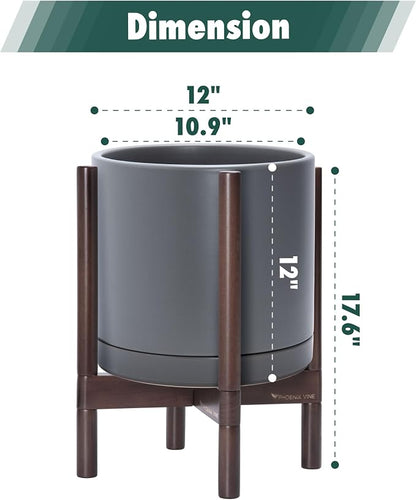 D'vine Dev Ceramic Planter with Walnut Color Stand - 12 Inch Modern Round Flower Pot with Wood Planter Holder, Grey, 55-B-W-3