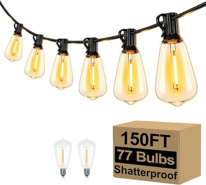 Brightever LED String Lights Outdoor Waterproof, 150FT 2200K Dimmable Patio Lights with 77 Shatterproof ST38 Vintage Edison Bulbs, Outside Hanging Light for Porch, Deck, Garden, Backyard, Balcony
