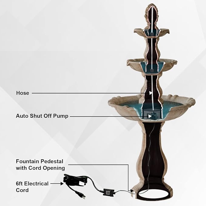 XBrand 51" 3-Tier Outdoor Freestanding Waterfall Fountain with Pump and Pineapple Finial, Beige
