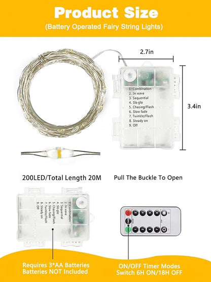 2 Pack 200 LED Fairy Lights Battery Operated with Remote, 8 Modes String Lights Indoor Outdoor, Cuttable Battery Light for Home Bedroom Wedding DIY Centerpiece Christmas Decorations (Warm White)