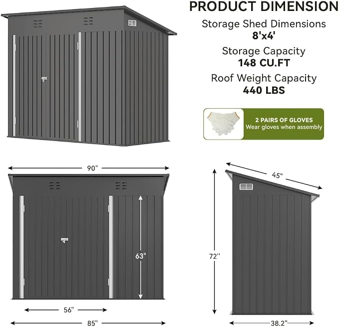 COMHOMA 8'x4' Shed Outdoor Storage,Metal Garden Tool Utility | Steel Tool Shed with Lockable Doors, Sloping Roof, and Air Vent. Perfect for Backyard, Patio, Lawn, and Poolside