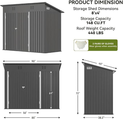 COMHOMA 8'x4' Shed Outdoor Storage,Metal Garden Tool Utility | Steel Tool Shed with Lockable Doors, Sloping Roof, and Air Vent. Perfect for Backyard, Patio, Lawn, and Poolside