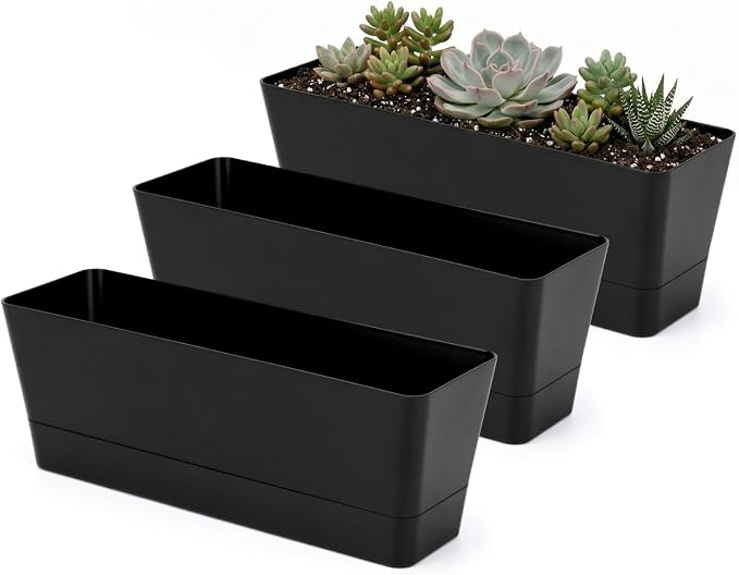 GREANER Black Rectangle Window Boxes, 3 Pack 12x3.8 Inch Herb Planters with Tray, Indoor Succulent Cactus Mint Plastic Pot for Windowsill, Garden Balcony, Office Outdoor Decoration