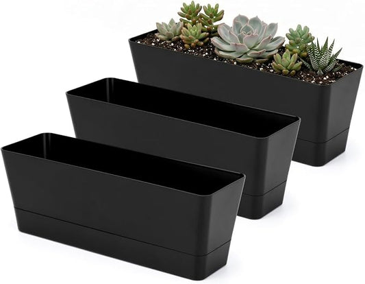 GREANER Black Rectangle Window Boxes, 3 Pack 12x3.8 Inch Herb Planters with Tray, Indoor Succulent Cactus Mint Plastic Pot for Windowsill, Garden Balcony, Office Outdoor Decoration