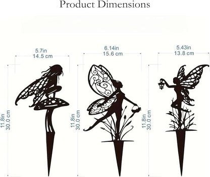 Decorative Garden Stakes， Fairy Garden Stakes, Butterfly Fairy Stakes for Weather Resistant Black Metal Outdoor Decorative Art for Women Gift (Matte Black, 3P-A)