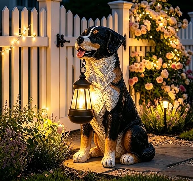 Afirst Dog Garden Statue - Outdoor Decor with Solar Lantern Valentine's Day Gift Lovely Bernese Mountain Dog Figurine Patio Lawn Yard Art Ornaments Housewarming Gift