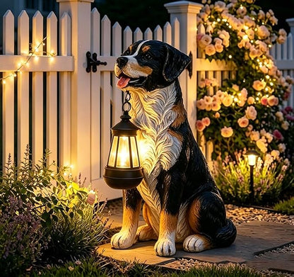 Afirst Dog Garden Statue - Outdoor Decor with Solar Lantern Valentine's Day Gift Lovely Bernese Mountain Dog Figurine Patio Lawn Yard Art Ornaments Housewarming Gift