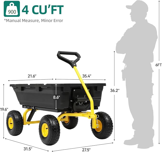 Garden Dump Cart Wheelbarrow 900Lbs, 10" All Terrain Tires Wagon | Upgrade Non-Slip Pneumatic Tires,DIY Expansion over 900LBS Capacity,Quick-Release Dumping, Steel Frame for Yard, Farm, Garden
