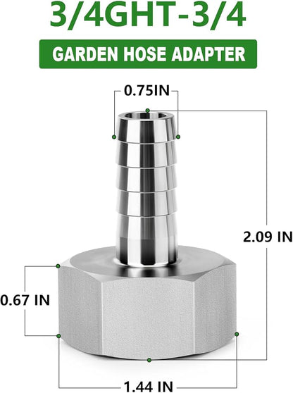 TAISHER 2PCS 304 Stainless Steel Garden Hose Repair Connector, 3/4" Barb x 3/4" GHT Female Garden Hose Adapter with Hose Clamps