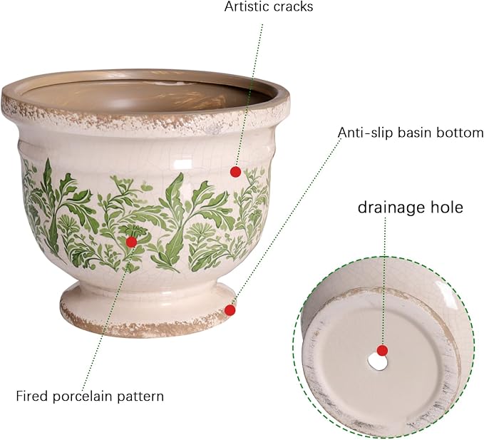 Vintage Ceramic Planter Pot with Drainage, 6.8 Inch Large Crackle Glaze Flower Pot with Green Floral Leaf Pattern for Succulents, Flowers, Farmhouse Country Rustic Planters for Gardening Gift
