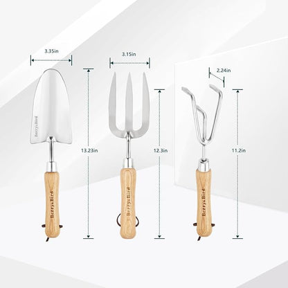 Berry&Bird Garden Tool Set 3 Pieces Stainless Steel Heavy Duty Garden Sets | Gardening Kit Include Hand Trowel Hand Cultivator & Hand Fork with Wood Handle for Weeding Transplanting Digging Garden Gifts
